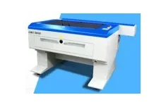 A blue and white printer sitting on top of a table.